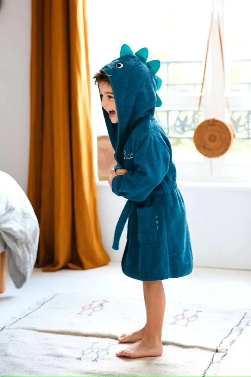 Dinosaur Hooded Kids Bathrobe – Dark Blue (Ages 4 to 10)