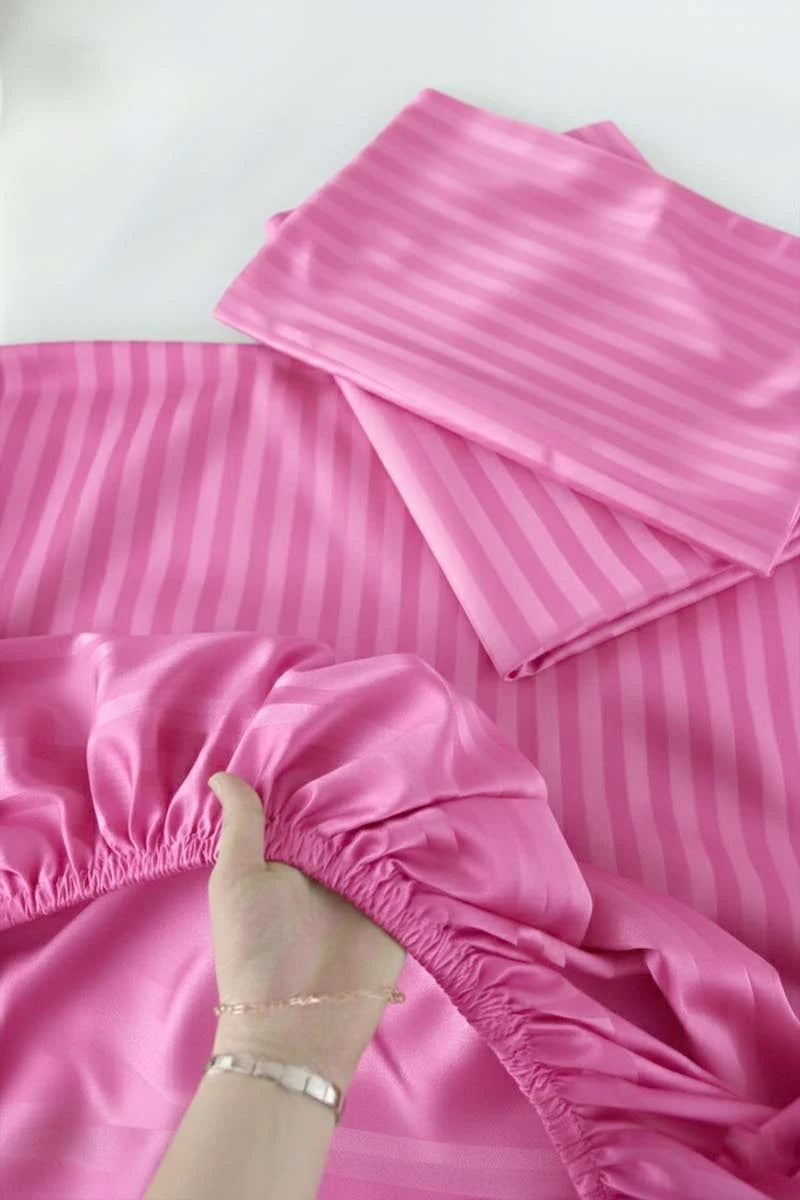Rose Pink 5-Piece Stripe Fitted Bedsheet Set – King Size