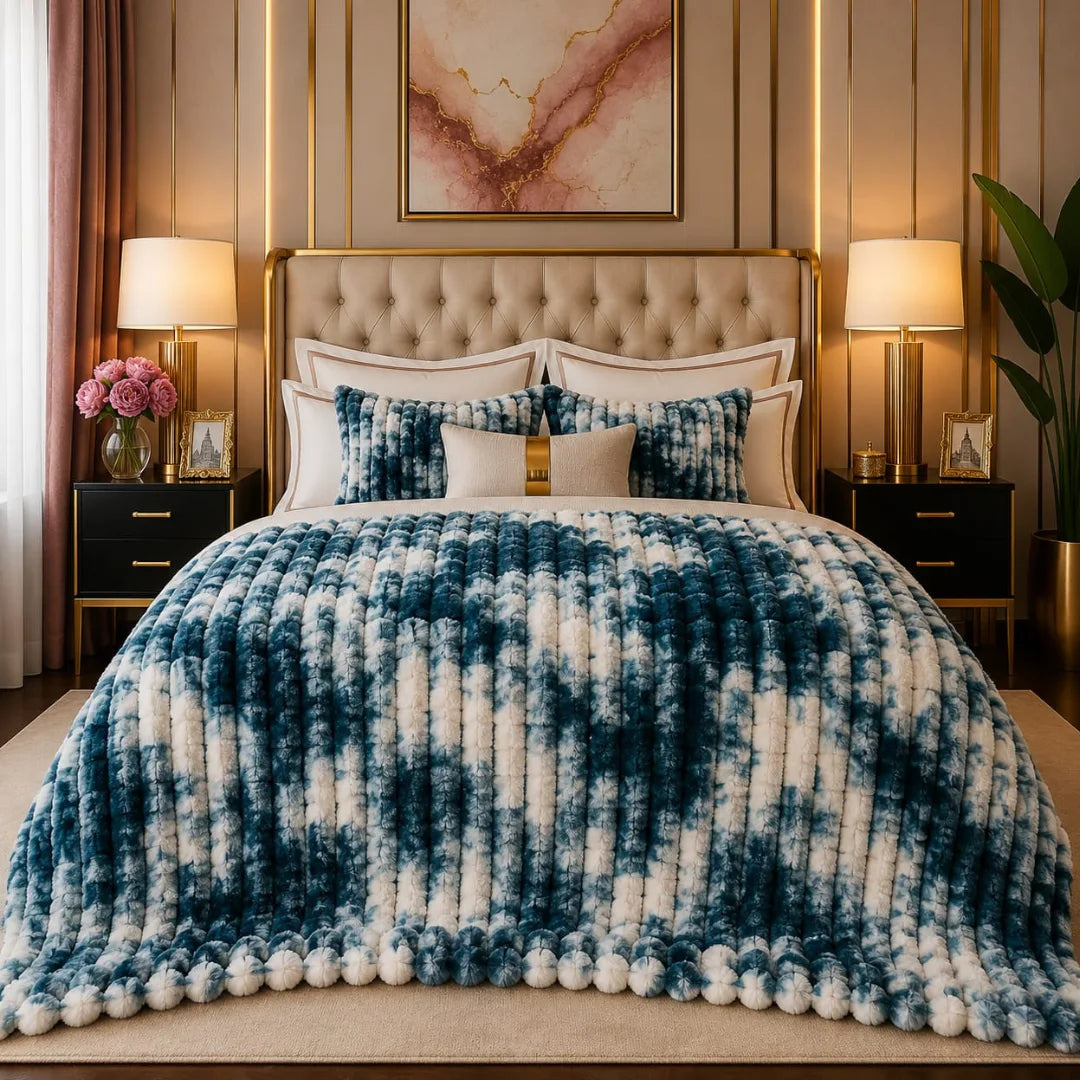 Luxury Teal Blue & Cream Tie-Dye Bubble Design Fluffy Fleece Double Bed AC Blanket (220 GSM)