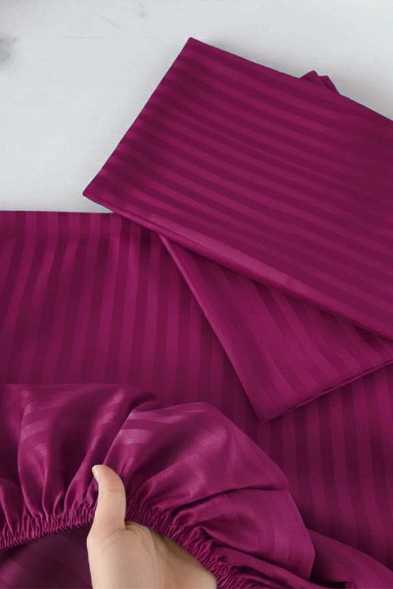 Plum Magenta Stripe Fitted Bedsheet - King Size
