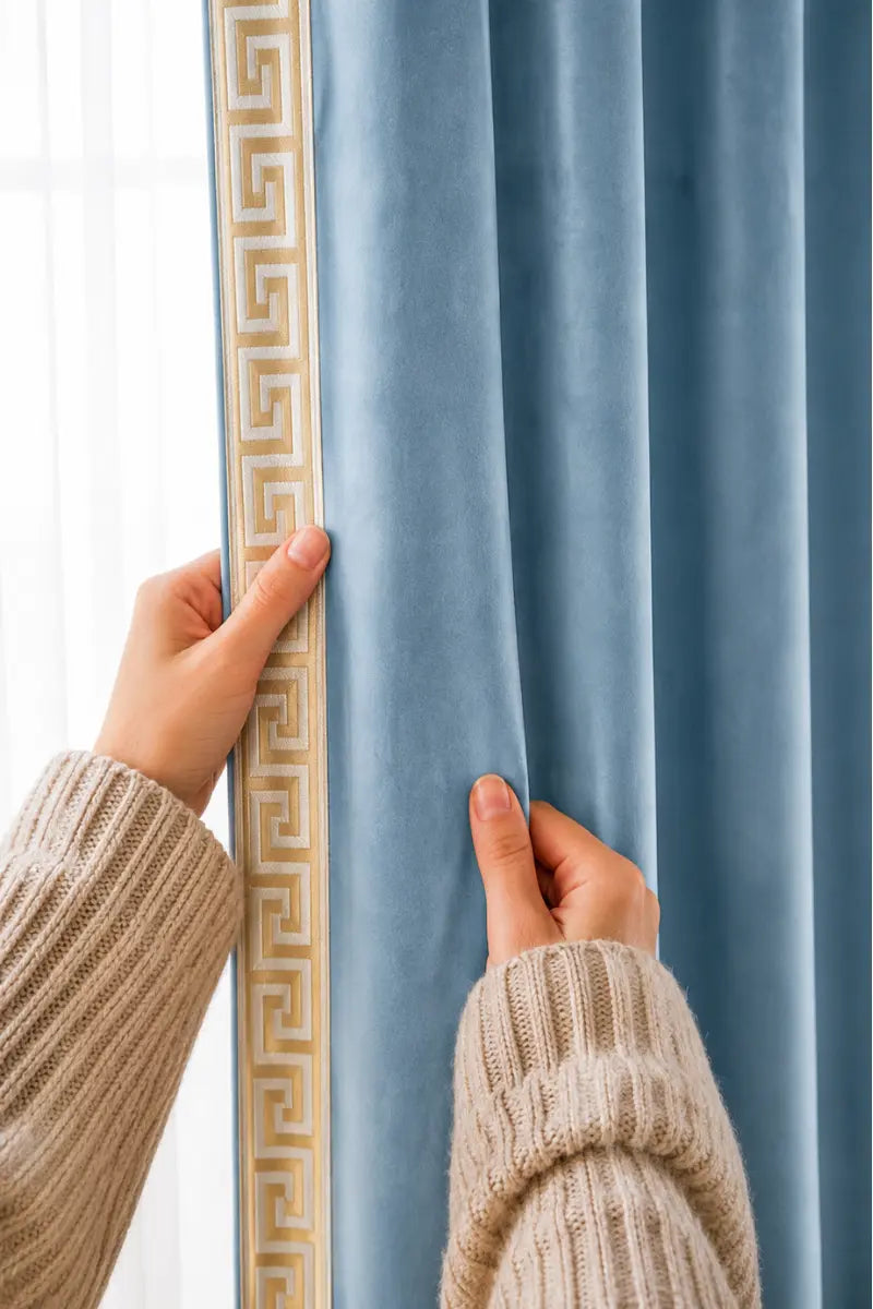 Aegean Blue Designer Border Velvet Curtains – Set of 2 Panels
