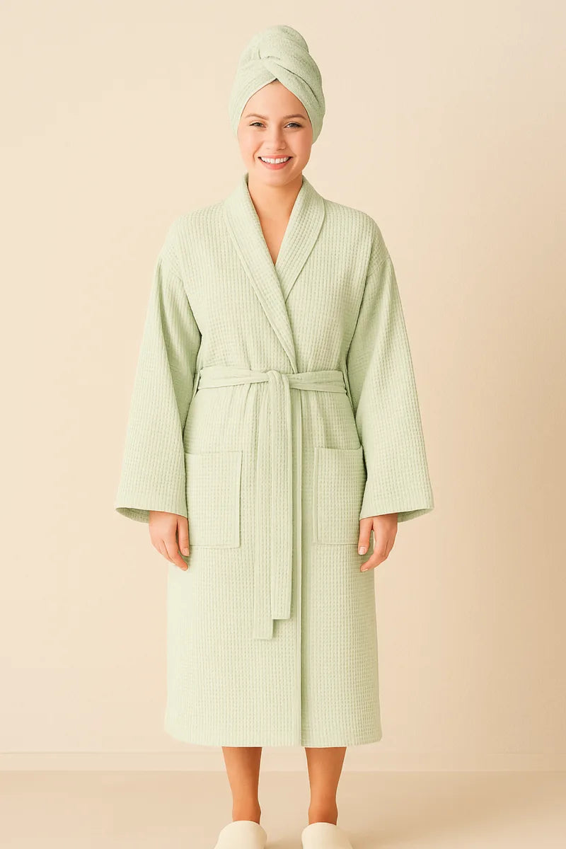 Waffle Weave Bathrobe & Hair Turban Set – Lightweight, Breathable 100% Cotton