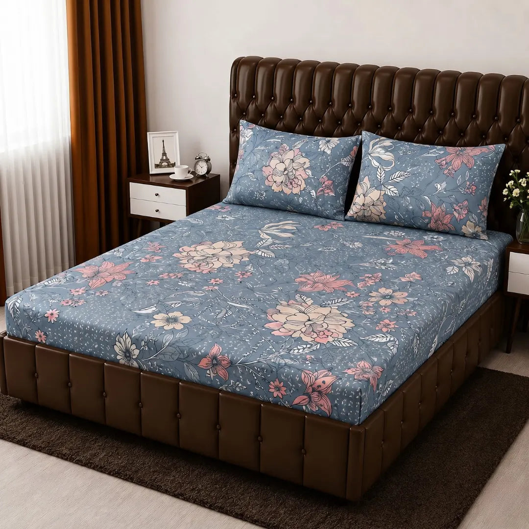 Floral Micro Cotton Fitted Sheet Set 72×78 + 10” with Matching Pillow Cover