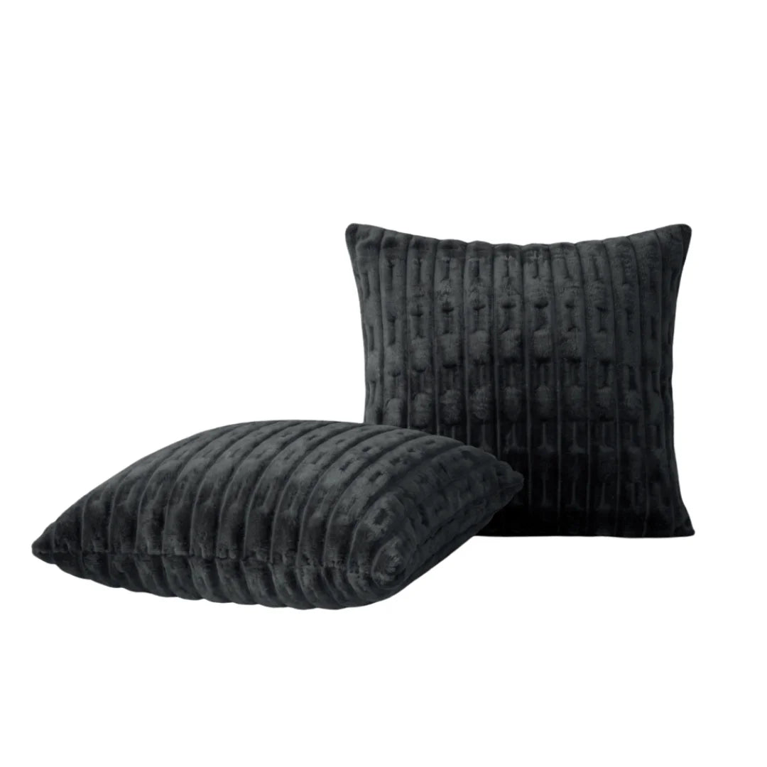 Deep Black Embossed Fleece Texture Cushion – Rich Texture & Hidden Zip (Pack of 2)