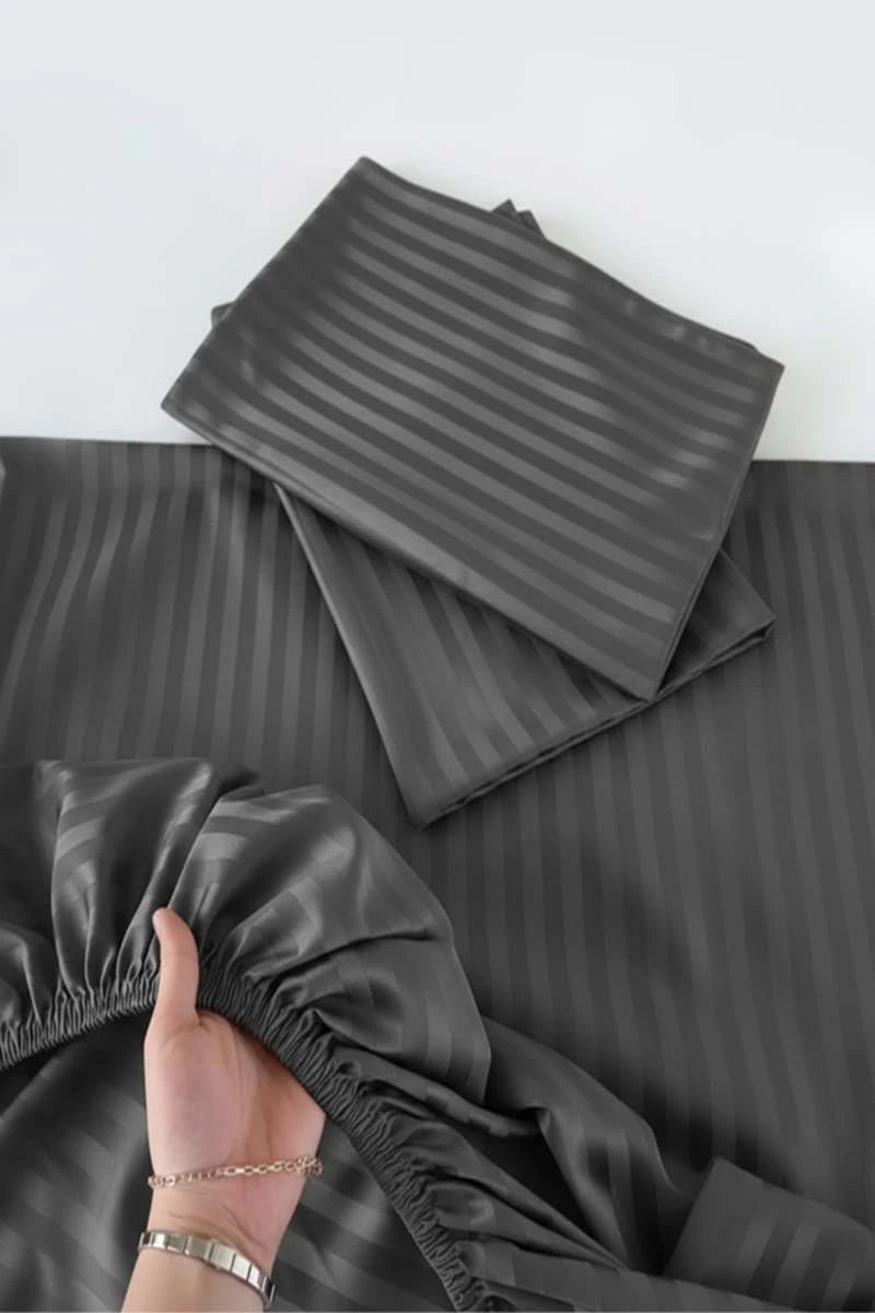 Charcoal Grey Stripe Fitted Bedsheet - King Size