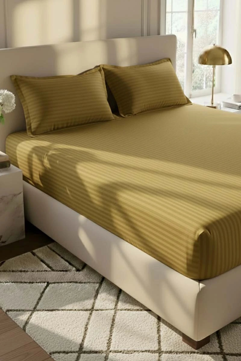 Olive Green Stripe Fitted Bedsheet - King Size