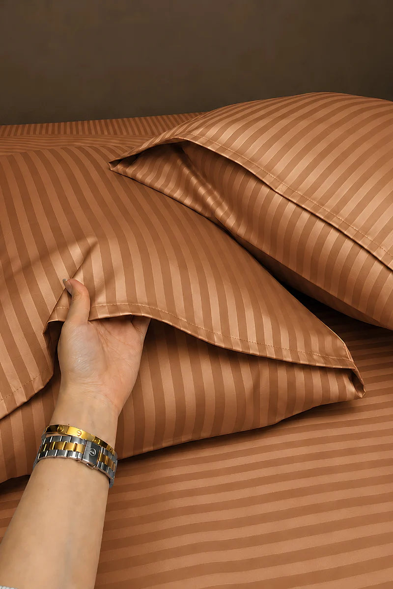 Camel Brown Stripe Fitted Bedsheet - King Size