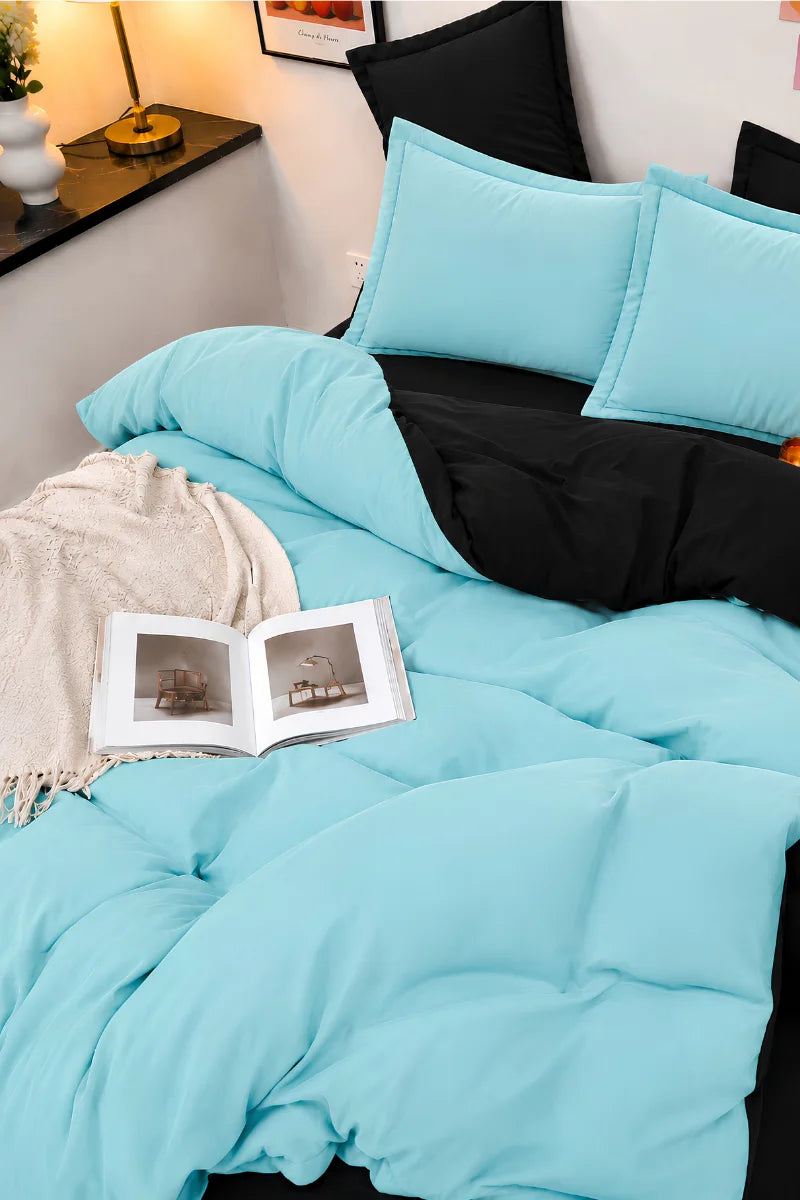 Black & Aqua Blue Reversible 6-Piece Duvet Cover Set