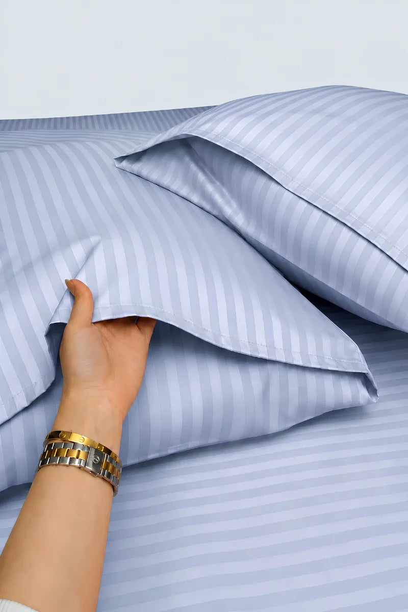 Ice Blue Stripe Fitted Bedsheet - King Size