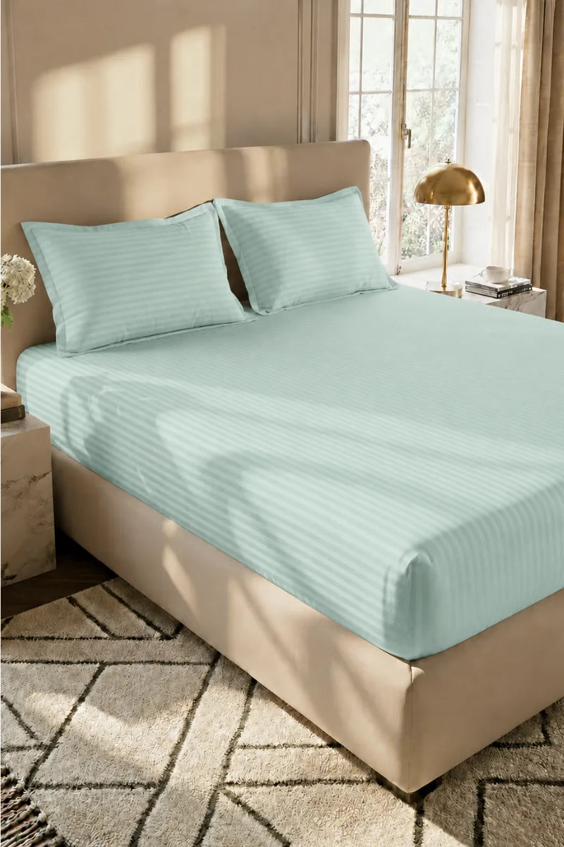 Mint Green Stripe Fitted Bedsheet - King Size