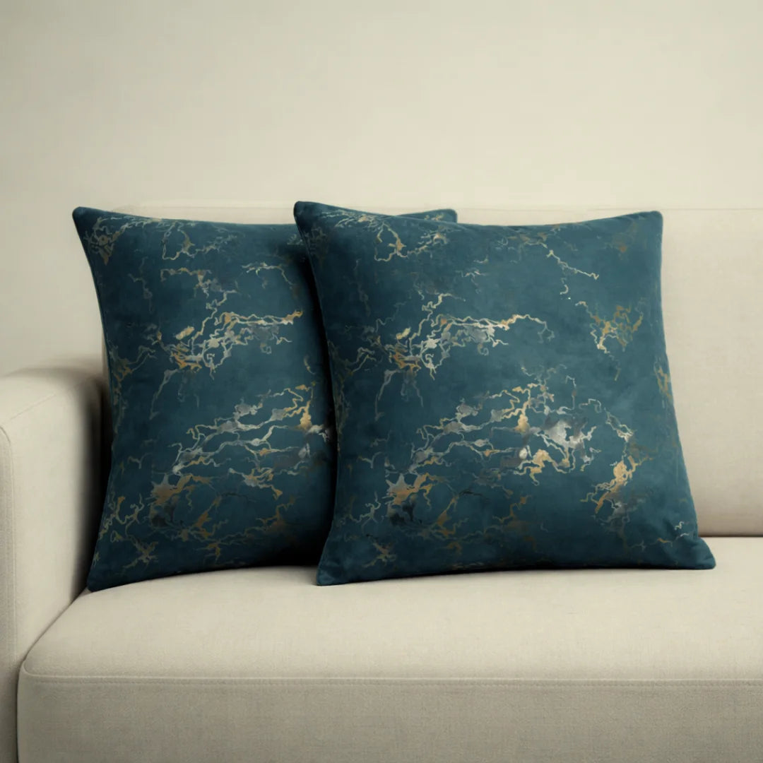 Teal Marble Velvet Cushion – Premium Texture & Hidden Zip (Pack of 2)