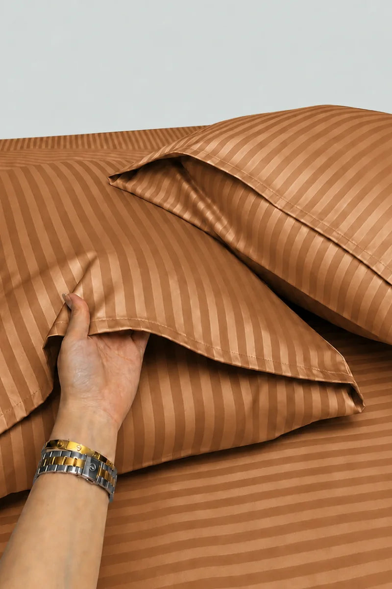 Camel Brown Stripe Fitted Bedsheet - King Size