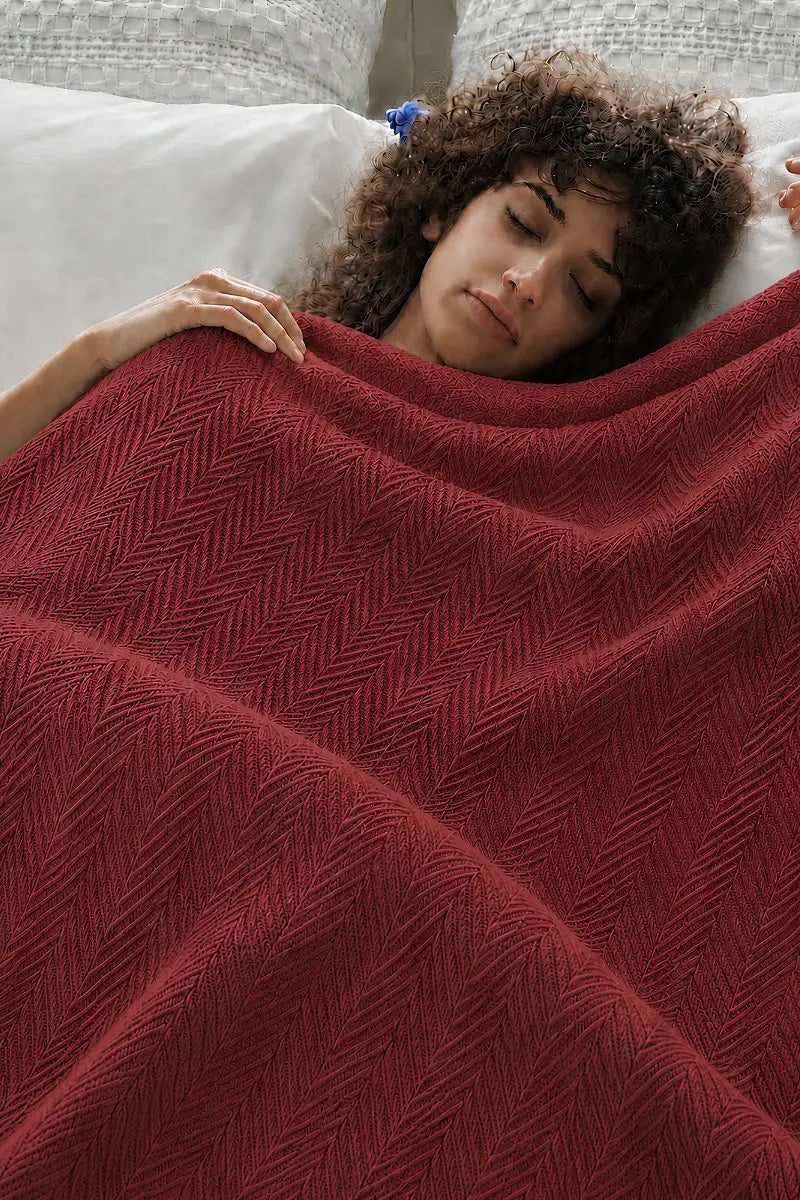Rich Red Thermal Cotton Blanket - Zig-Zag Chevron Texture