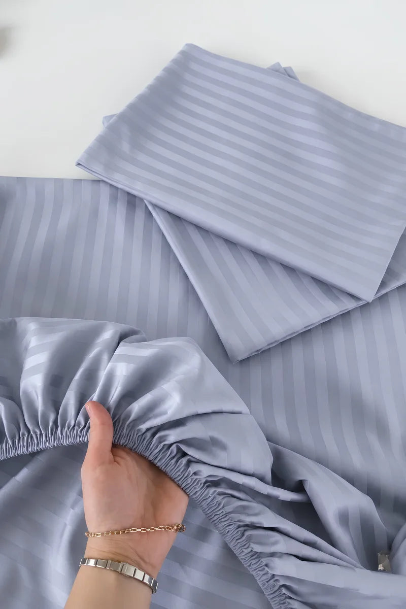 Ice Blue Stripe Fitted Bedsheet - King Size