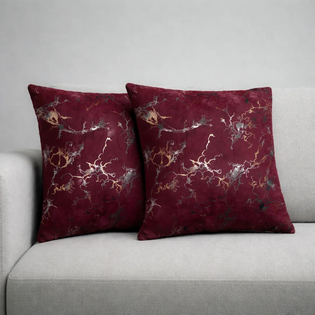 Maroon Marble Velvet Cushion – Premium Texture & Hidden Zip (Pack of 2)