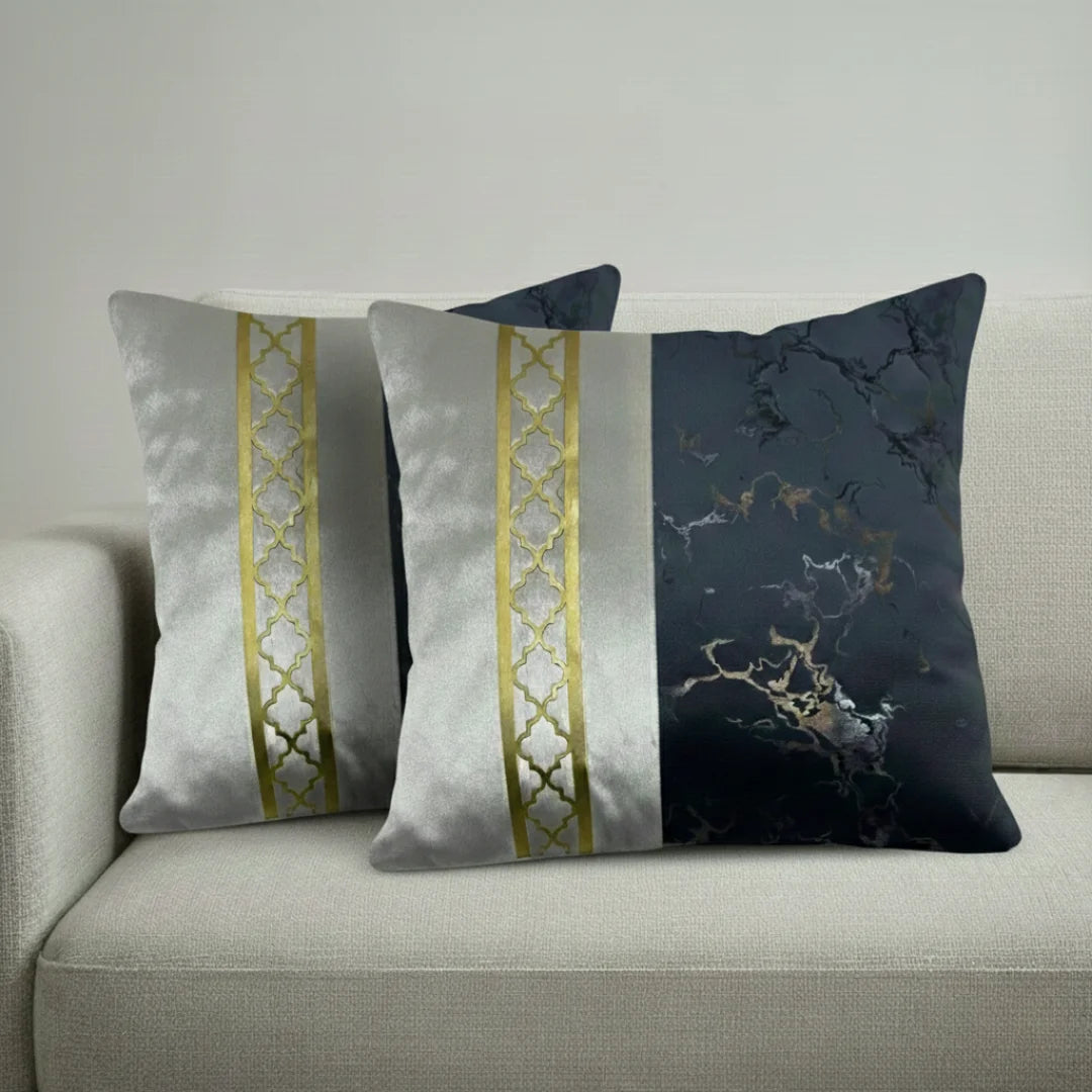 Dark Grey & Silver-White Dual-Tone Marble Velvet Cushion (Pack of 2)