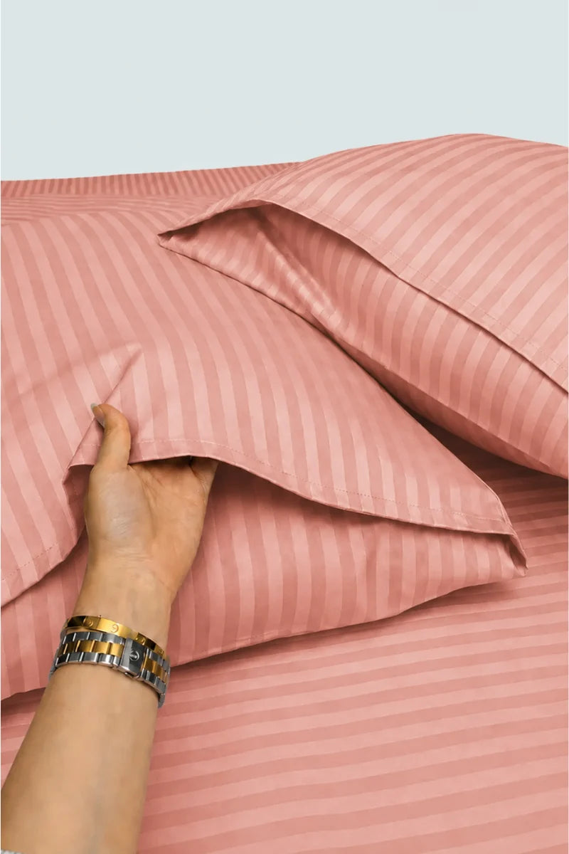 Coral Peach Stripe Fitted Bedsheet - King Size