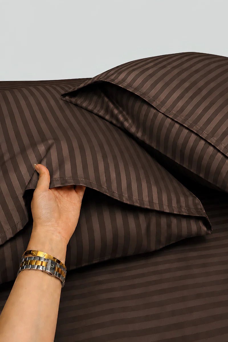 Dark Brown Stripe Fitted Bedsheet - King Size