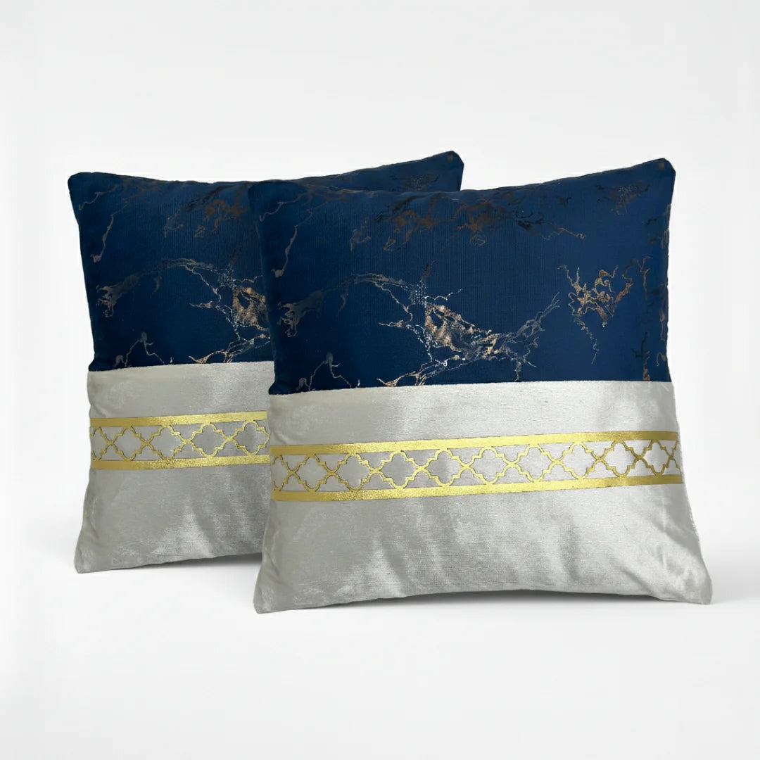 Navy Blue & Silver-White Dual-Tone Marble Velvet Cushion (Pack of 2)