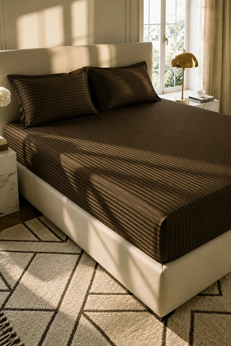Dark Chocolate Brown Stripe Fitted Bedsheet - King Size