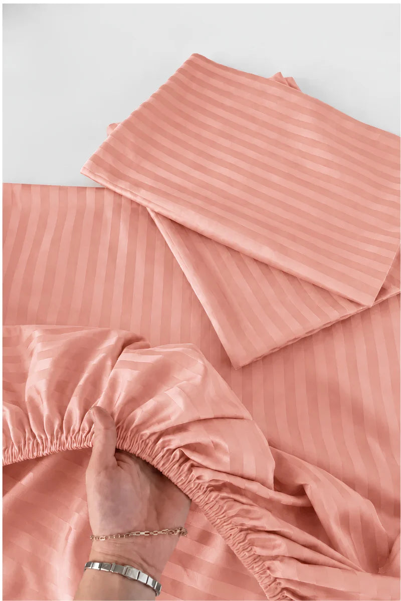 Coral Peach Stripe Fitted Bedsheet - King Size