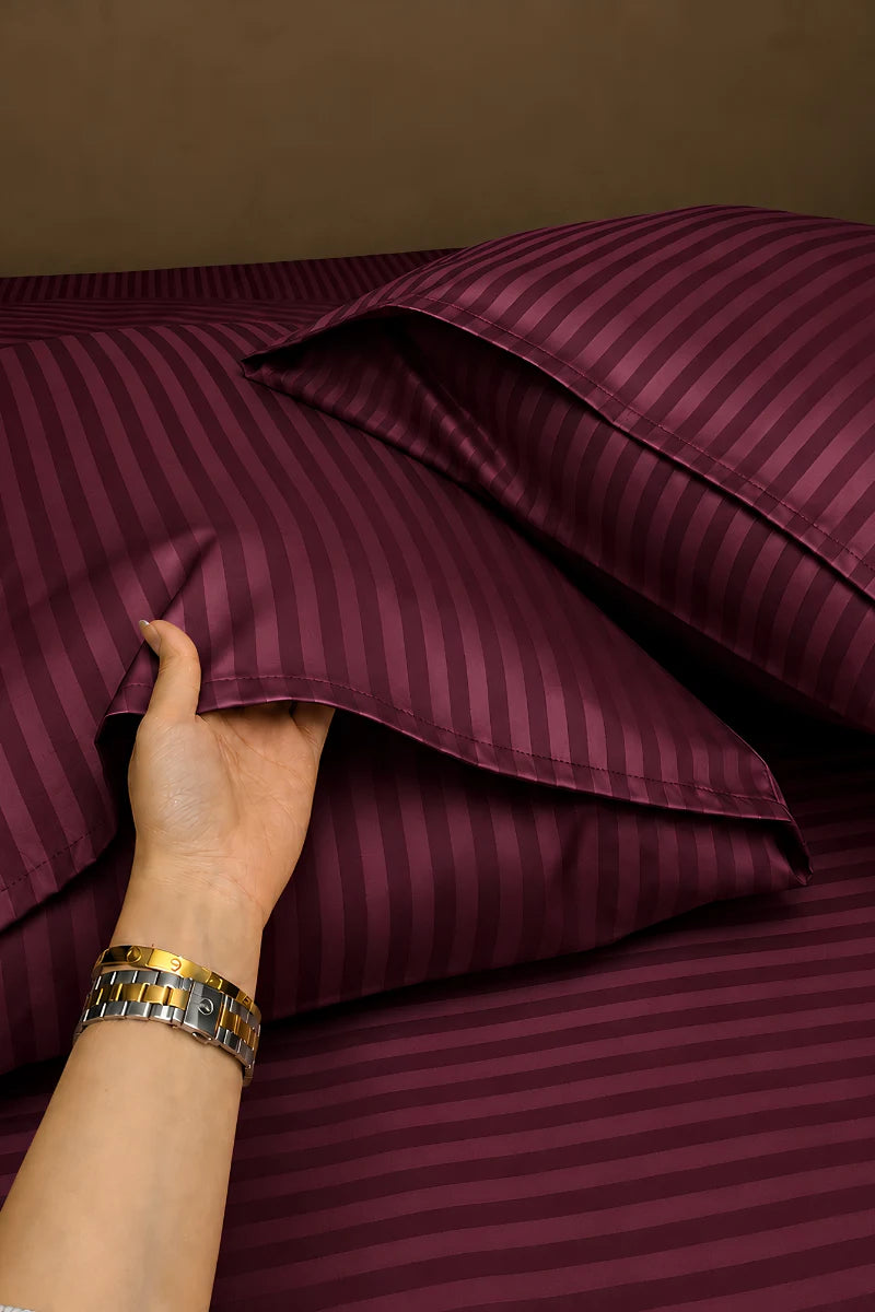 Deep Red Stripe Fitted Bedsheet - King Size