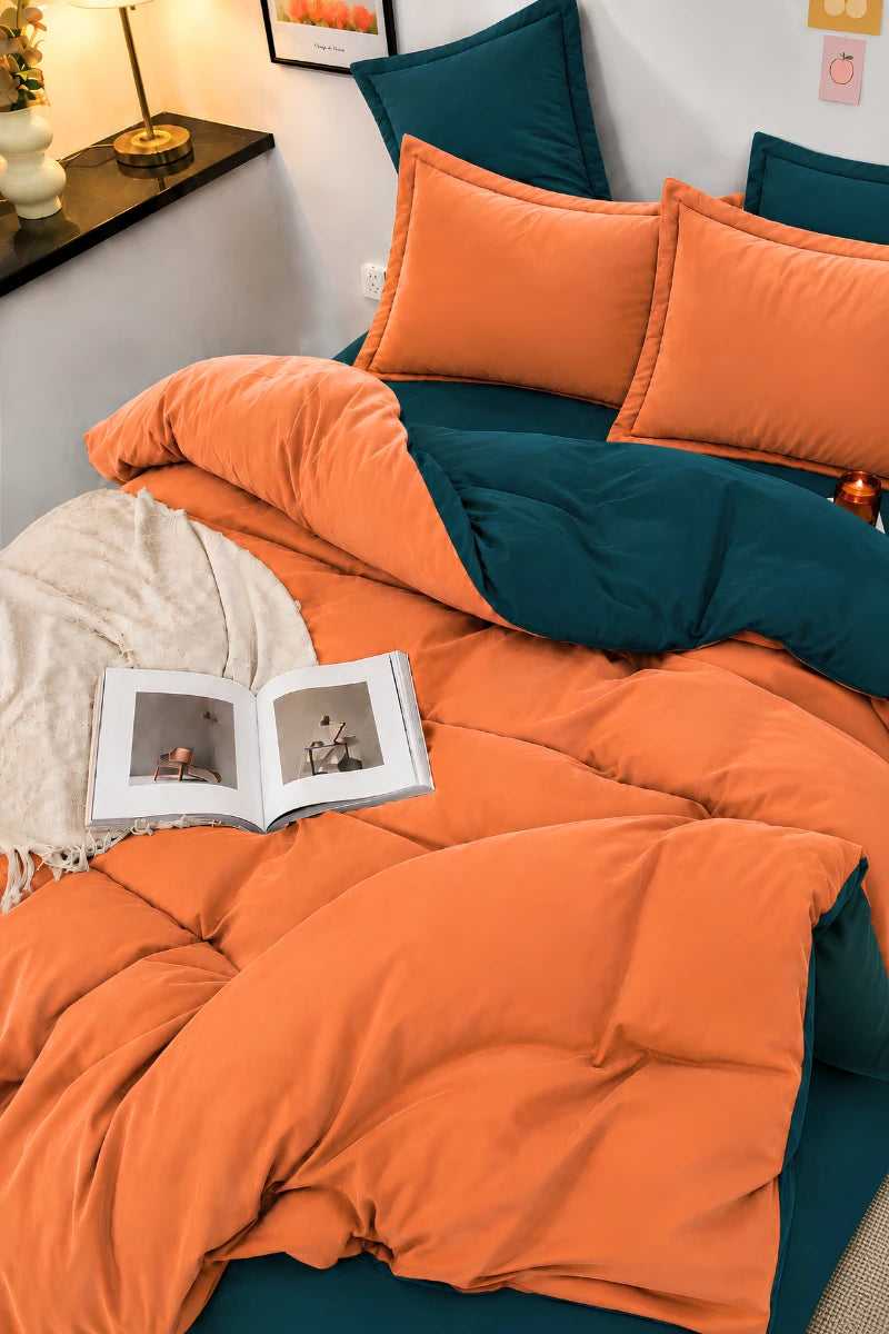 Deep Teal & Burnt Orange Reversible 6-Piece Duvet Cover Set