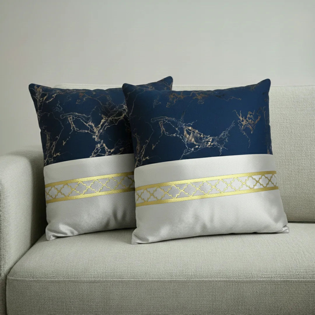 Navy Blue & Silver-White Dual-Tone Marble Velvet Cushion (Pack of 2)