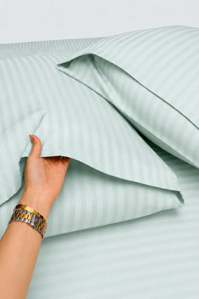 Mint Green Stripe Fitted Bedsheet - King Size