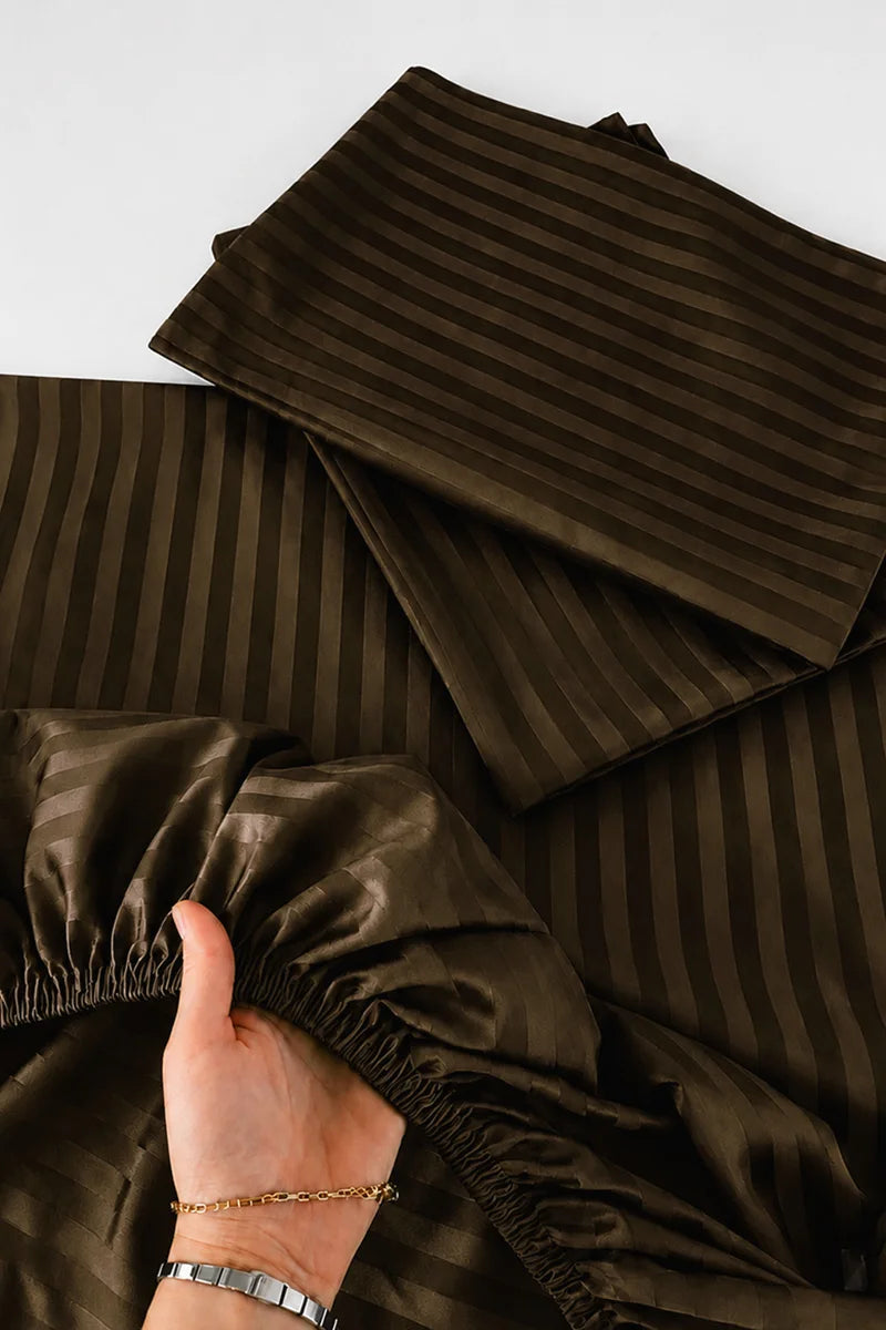 Dark Chocolate Brown Stripe Fitted Bedsheet - King Size