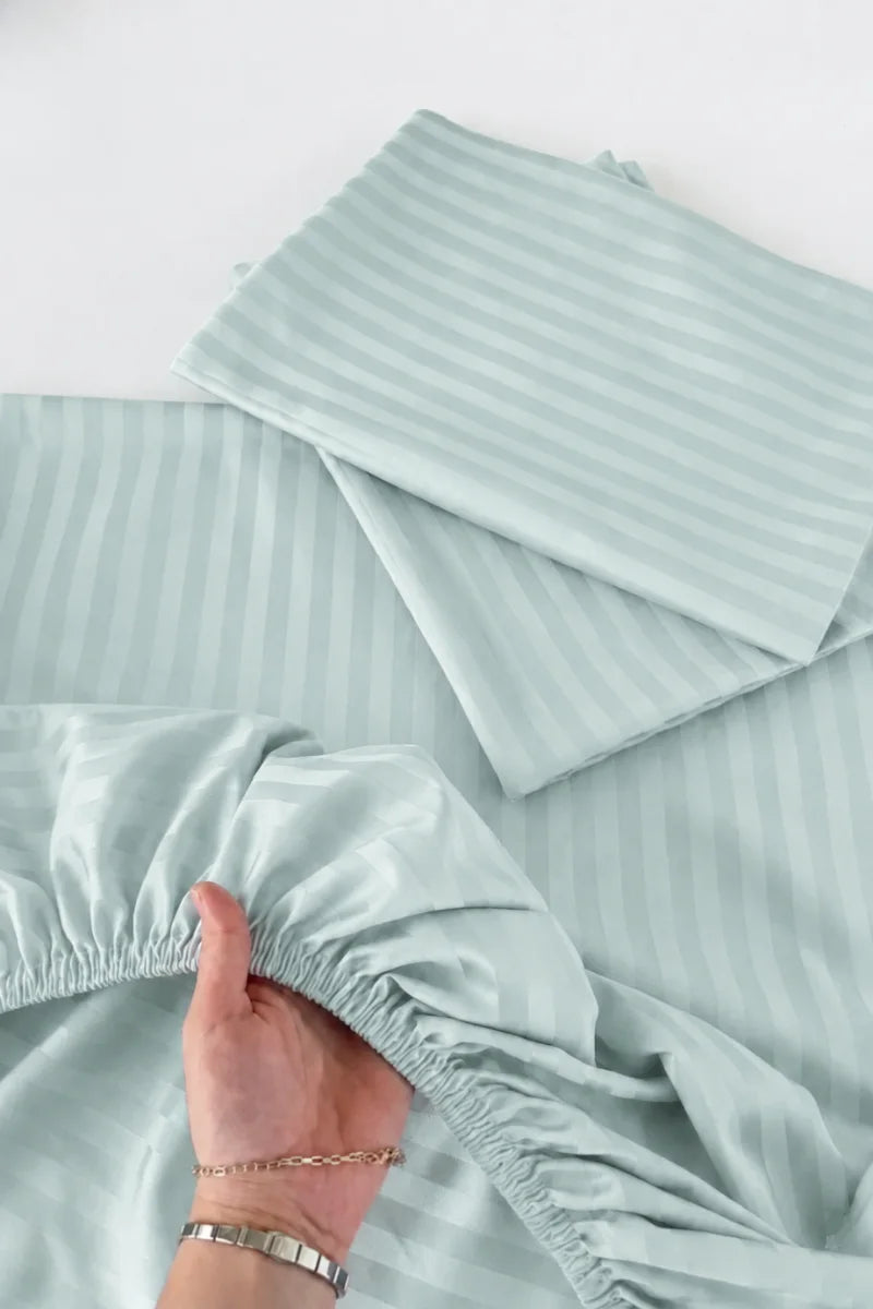 Mint Green Stripe Fitted Bedsheet - King Size