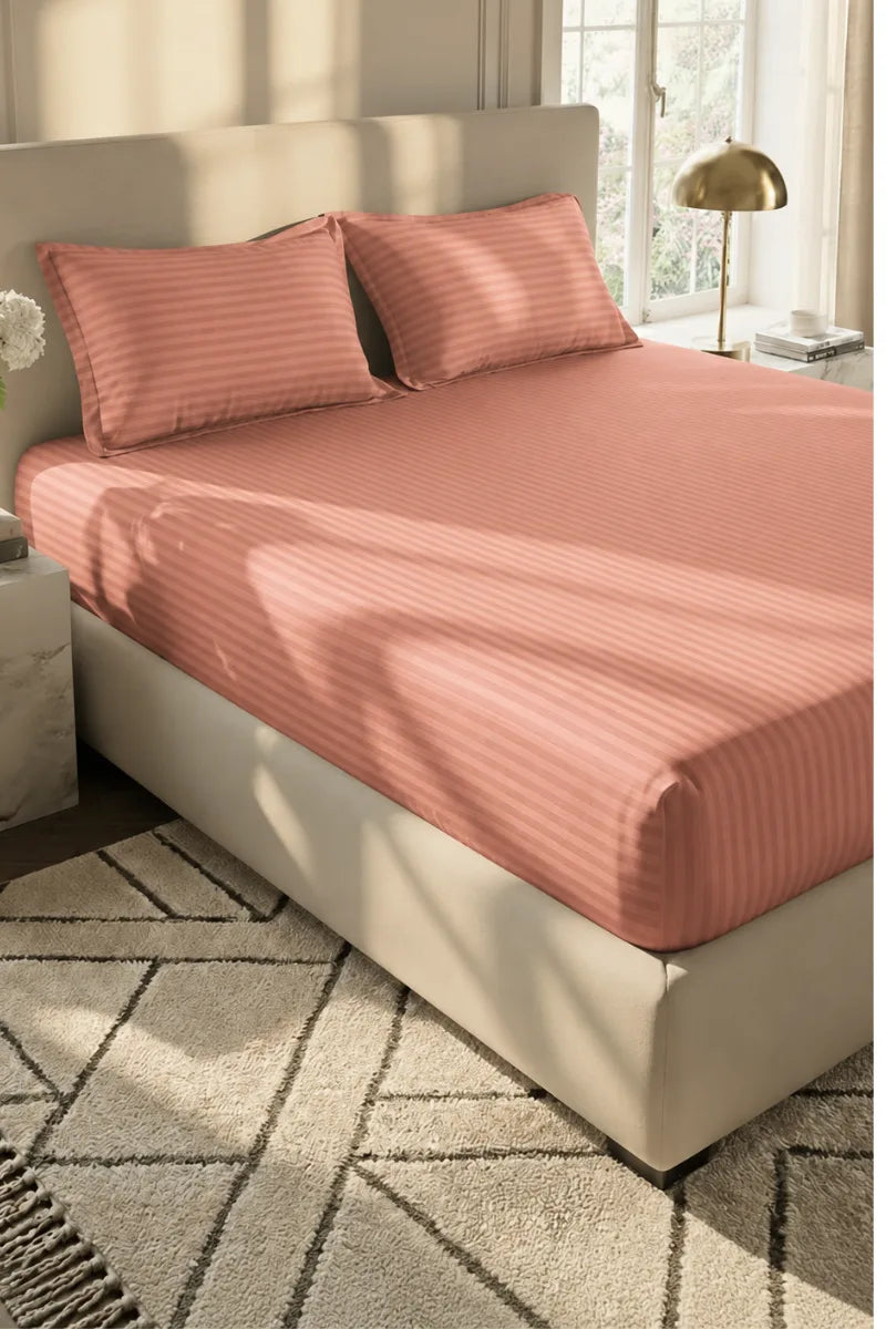 Coral Peach Stripe Fitted Bedsheet - King Size