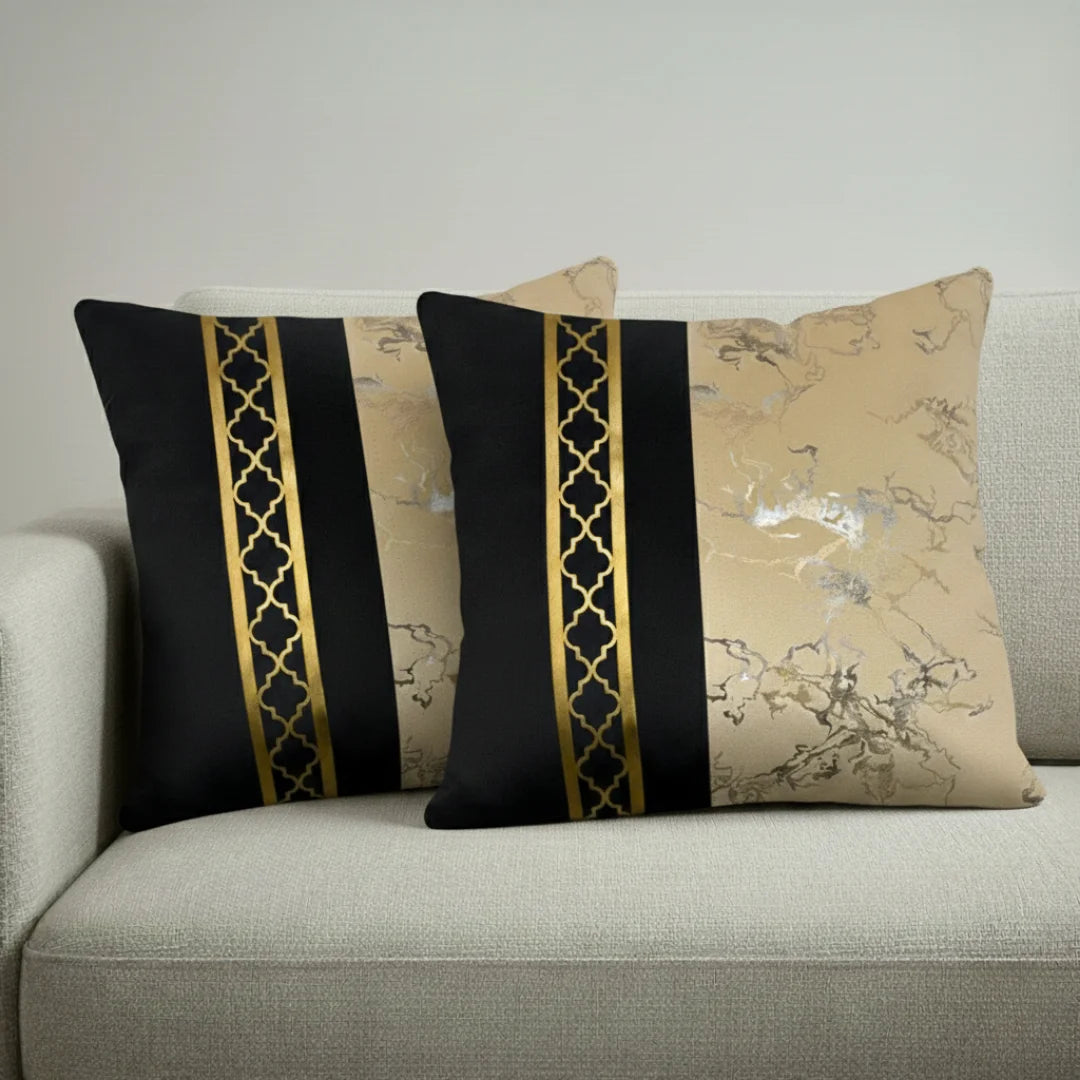 Black & Beige Dual-Tone Marble Velvet Cushion (Pack of 2)