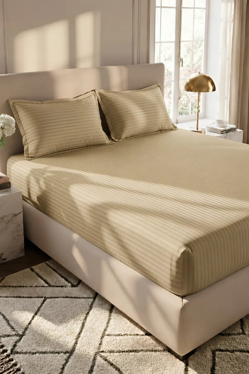 Beige Stripe Fitted Bedsheet - King Size