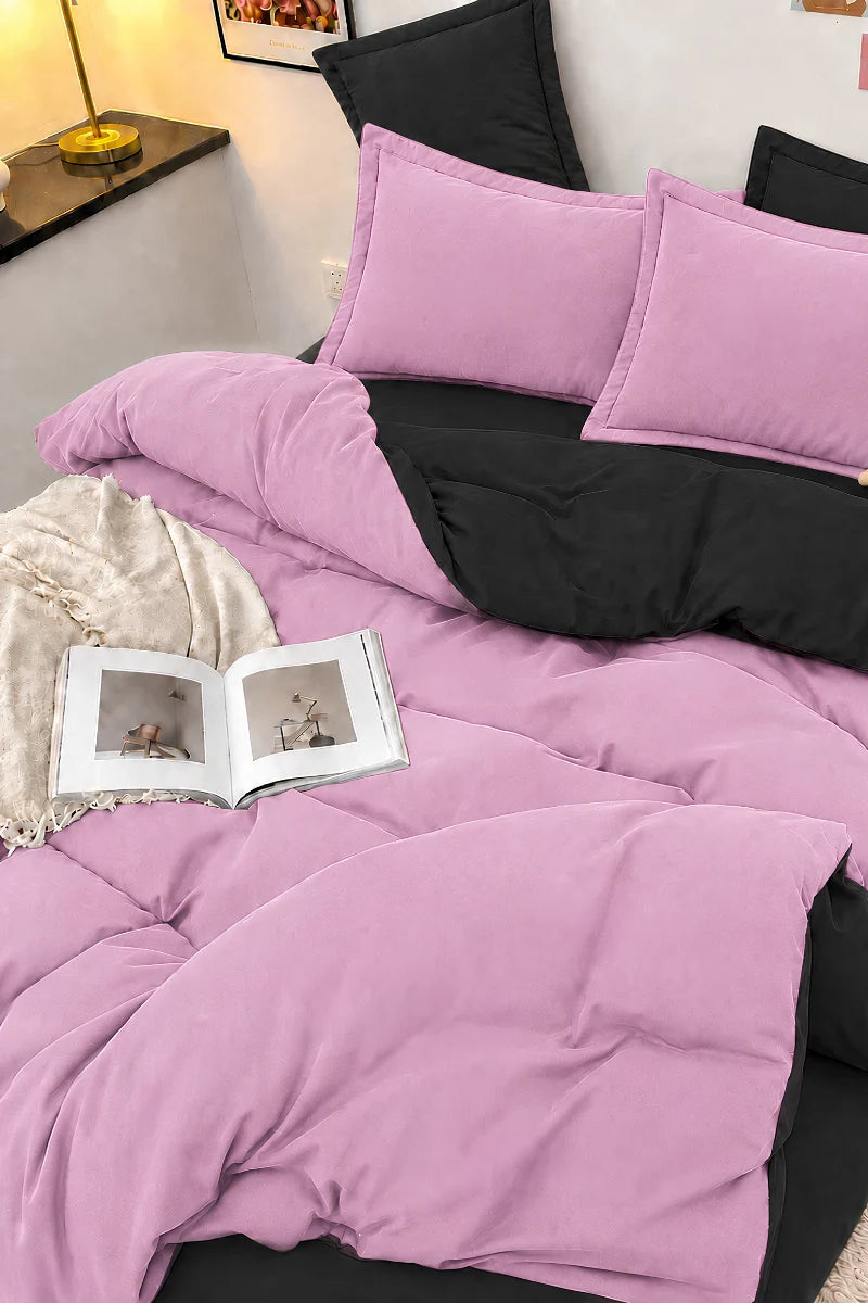 Black & Lilac Pink Reversible 6-Piece Duvet Cover Set