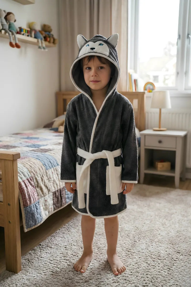 Wolf Hooded Kids Bathrobe – Dark Gray (Ages 4, 6, & 8)