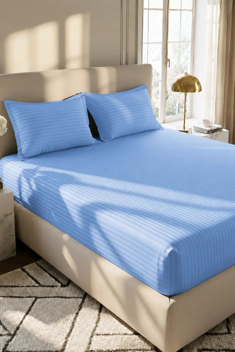 Sky Blue Stripe Fitted Bedsheet - King Size