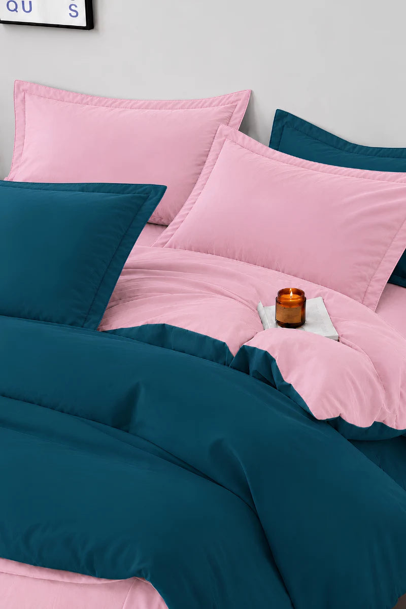 Deep Teal & Blush Pink Reversible 6-Piece Duvet Cover Set