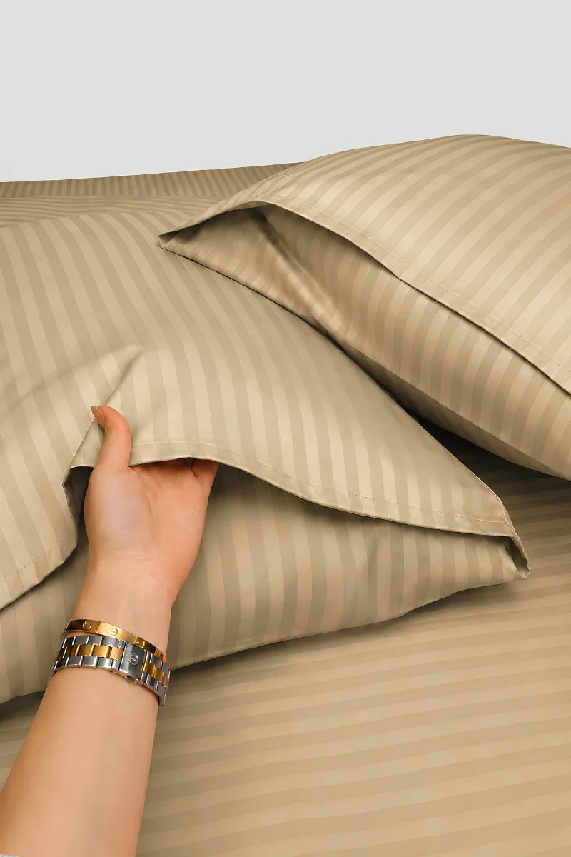 Beige Stripe Fitted Bedsheet - King Size