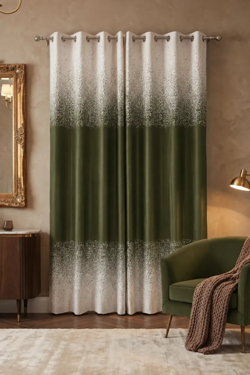 Dark Olive Green (#41452C) Speckled Ombre Velvet Curtains – Set of 2 Panels