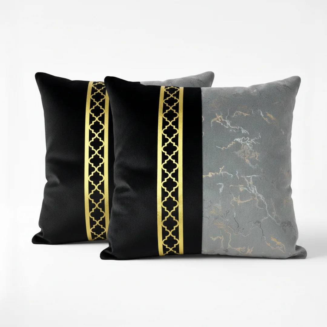 Black & Charcoal Grey Dual-Tone Marble Velvet Cushion (Pack of 2)