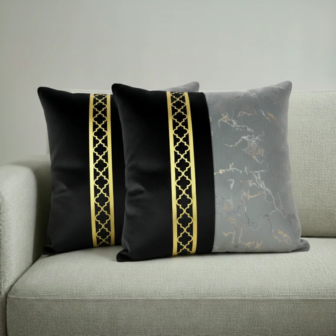 Black & Charcoal Grey Dual-Tone Marble Velvet Cushion (Pack of 2)