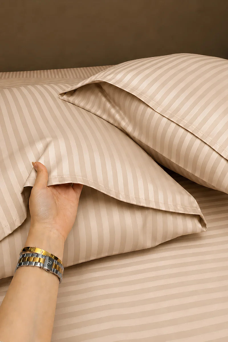 Soft Beige Stripe Fitted Bedsheet - King Size