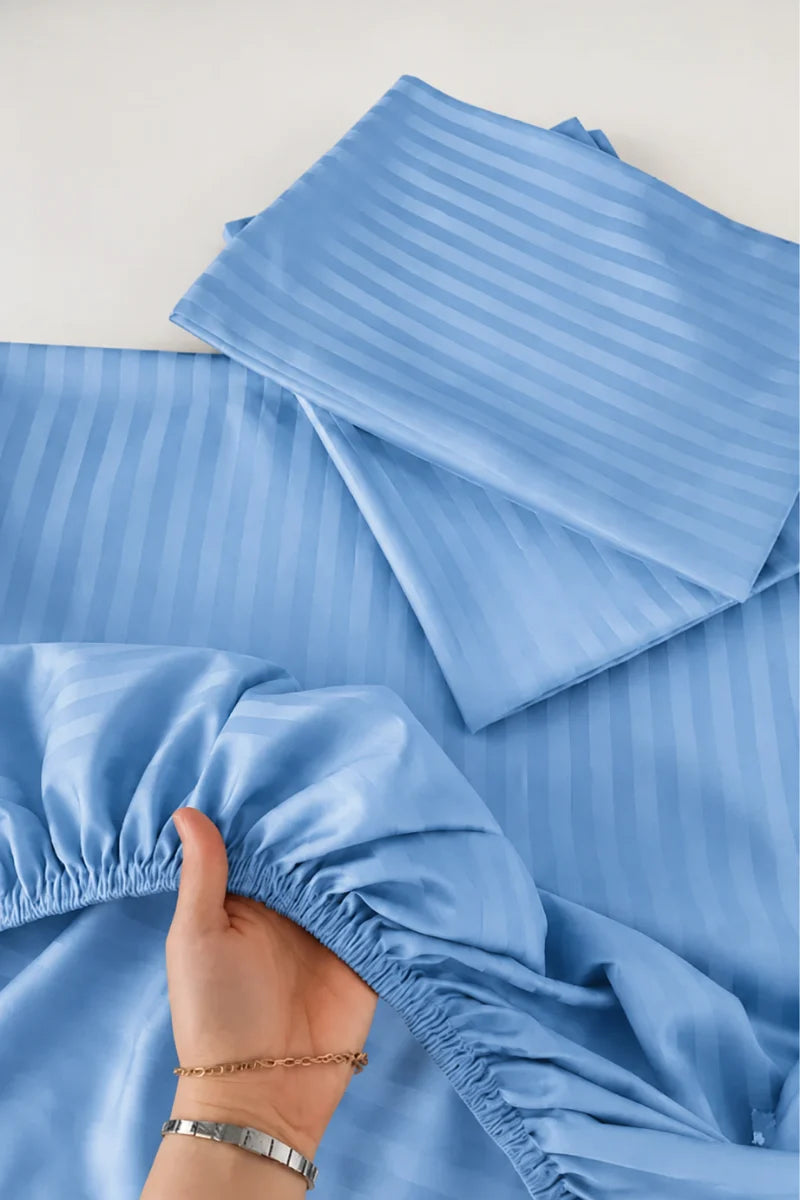 Sky Blue Stripe Fitted Bedsheet - King Size