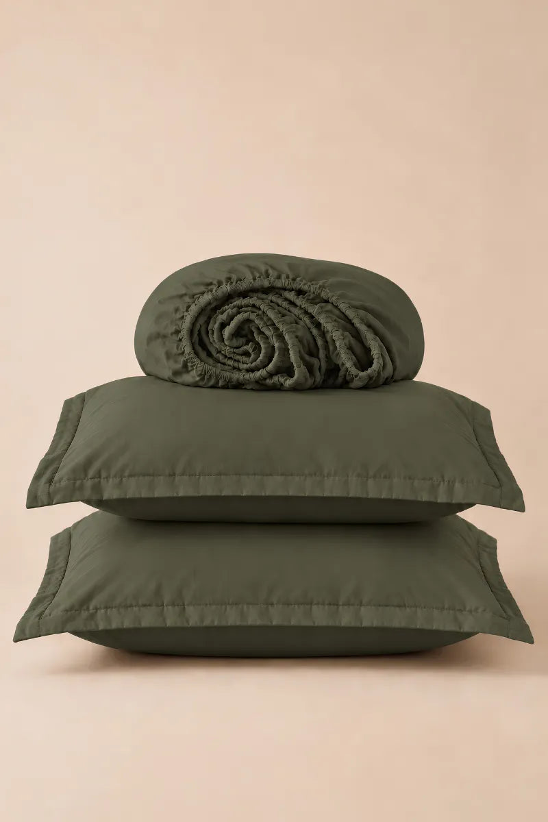Dark Olive Green Solid 3-Piece Bedsheet Set