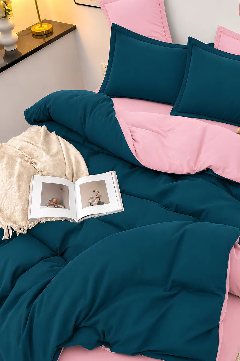 Deep Teal & Blush Pink Reversible 6-Piece Duvet Cover Set