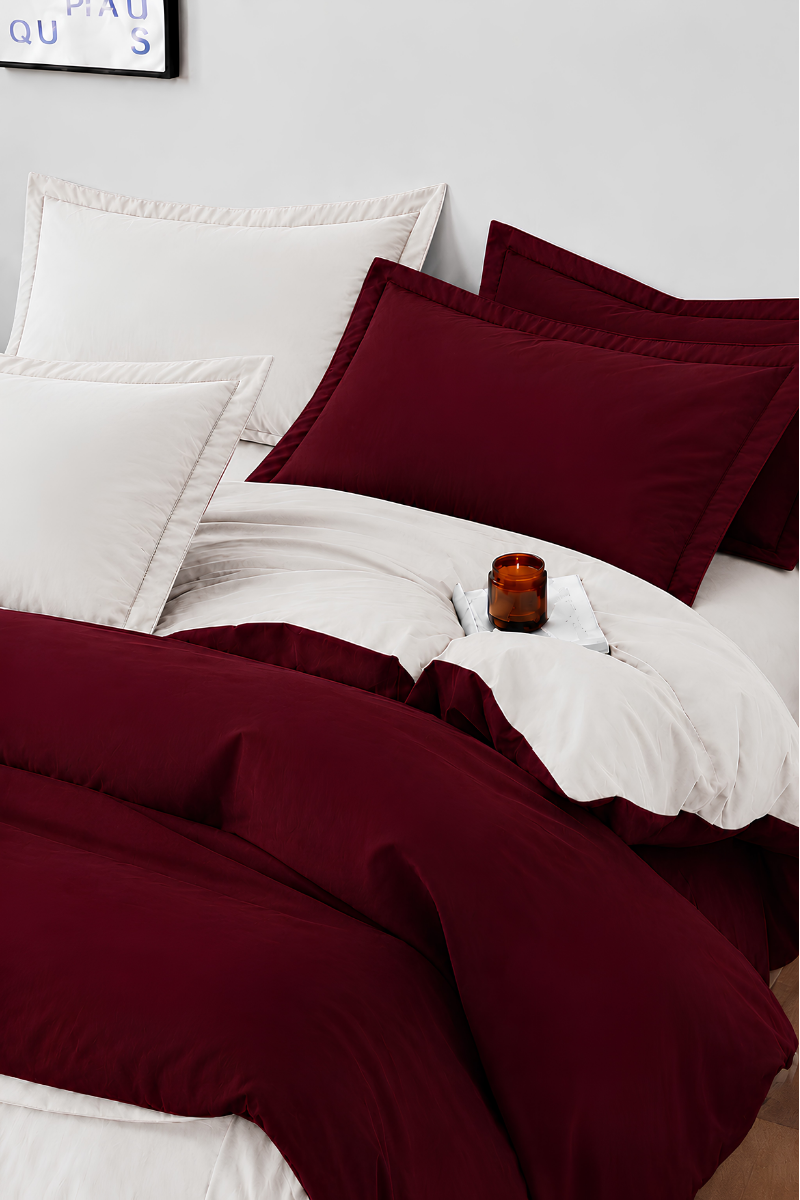 Luxury Burgundy & Ivory Reversible Duvet Comforter Set with Matching Pillow Shams