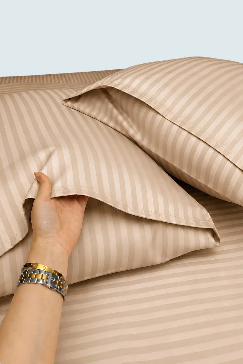 Soft Beige Stripe Fitted Bedsheet - King Size