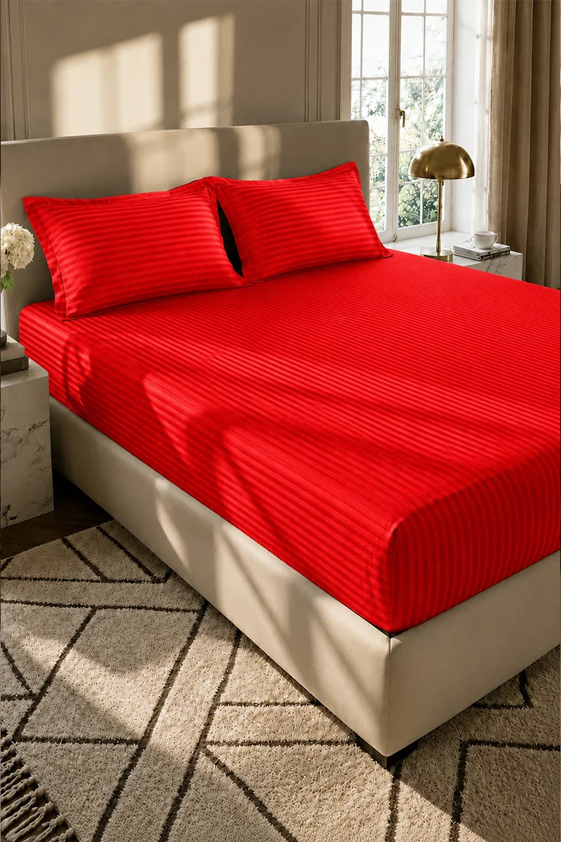 Vivid Red Stripe Fitted Bedsheet - King Size