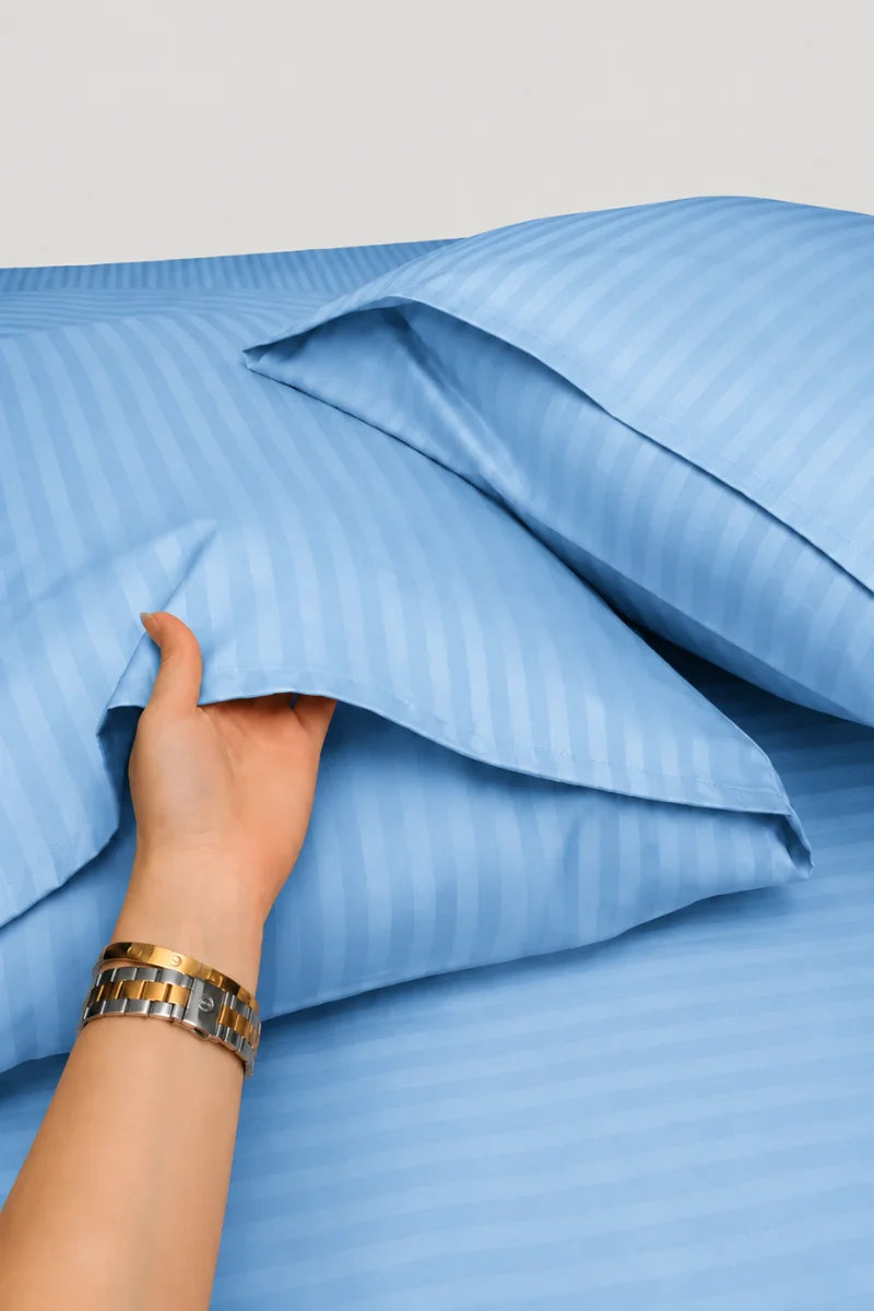 Sky Blue Stripe Fitted Bedsheet - King Size